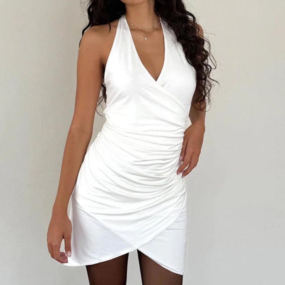 Motel Rocks Ivory Slinky Halterneck Wrap Dress | Kyrie